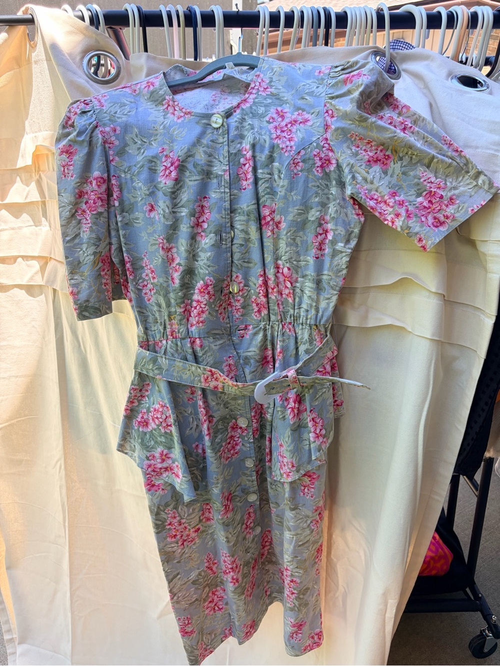 Vintage Blue Floral Midi Dress with Pink Blossoms and Belt